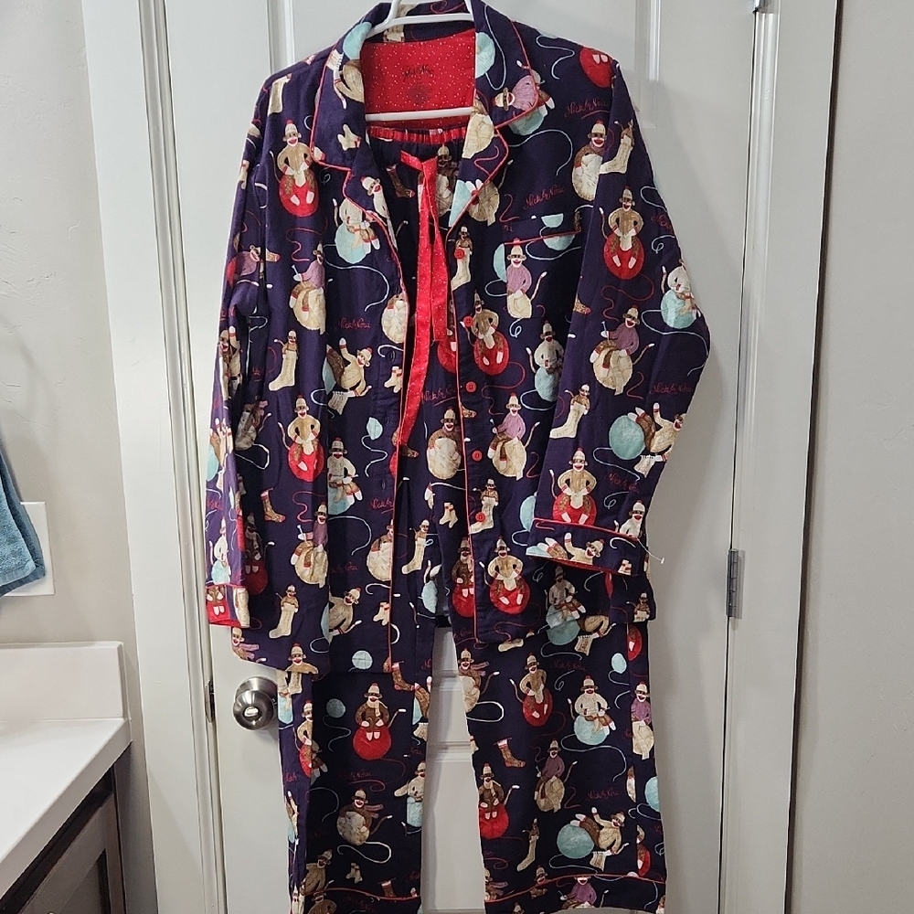 Nick & Nora Knitting Sock Monkey Print Flannel Pajama Set - XXL